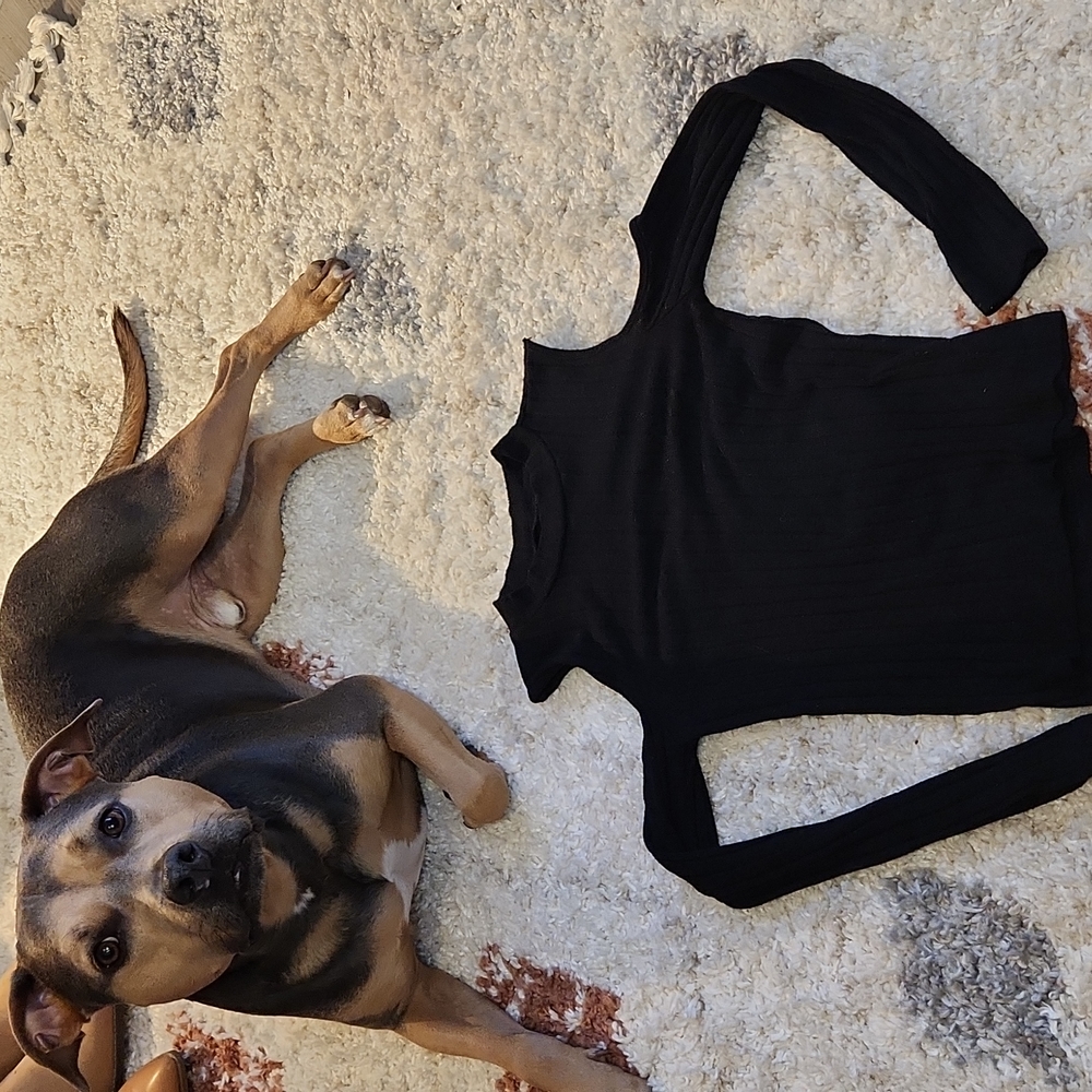 Long sleeve bacl shirt with cutout shoulders. Small